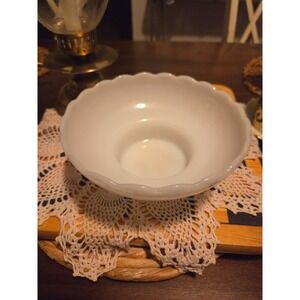 vintage E.O. Brody Co. pedestal candy bowl in white milk glass featuring a scall